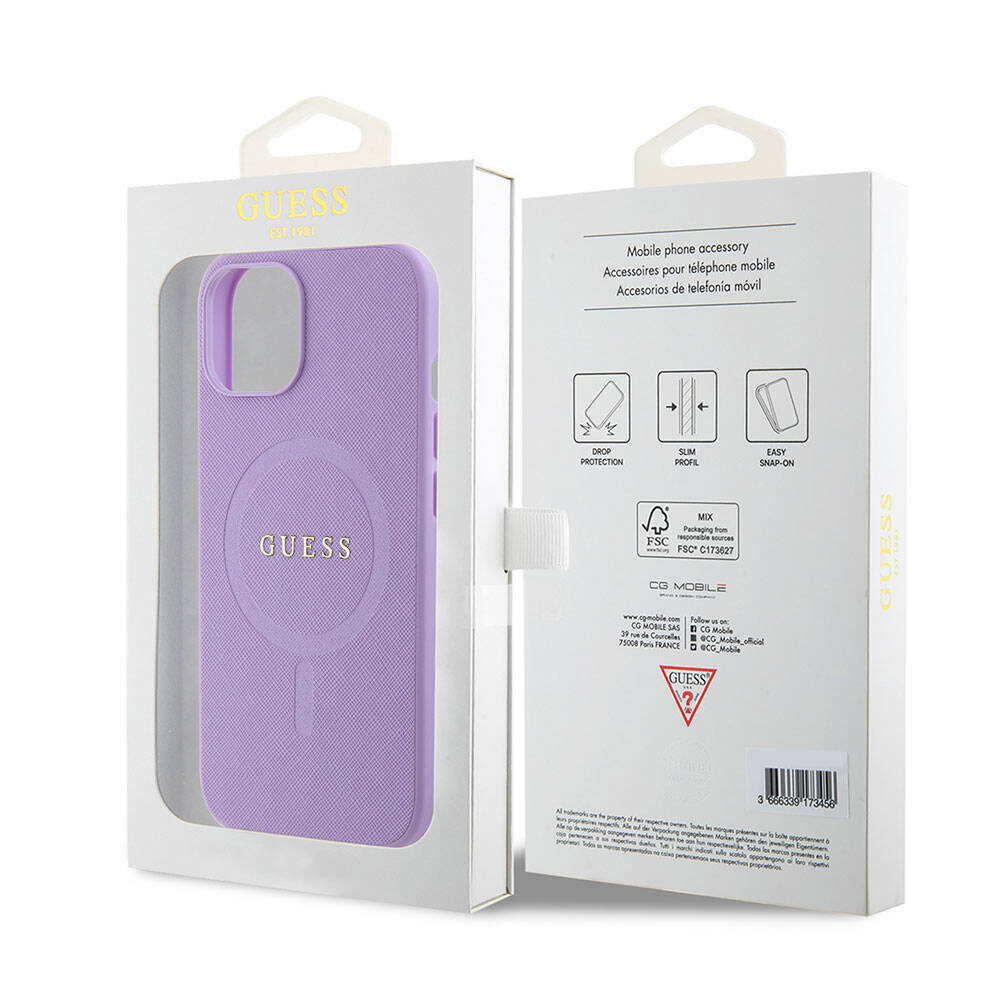 iPhone 15 Kılıf Guess Orjinal Lisanslı M-safe Şarj Özellikli Yazı Logolu Saffiano Kılıf