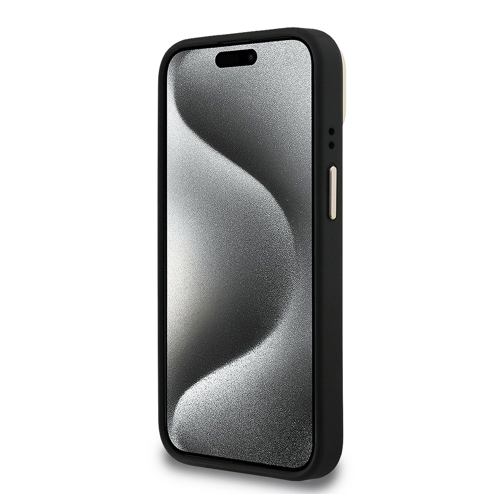 iPhone 15 Kılıf Guess Orjinal Lisanslı PU Deri 4G Desenli Metal Büyük 4G ve Yazı Logolu Kamera Standlı Kılıf