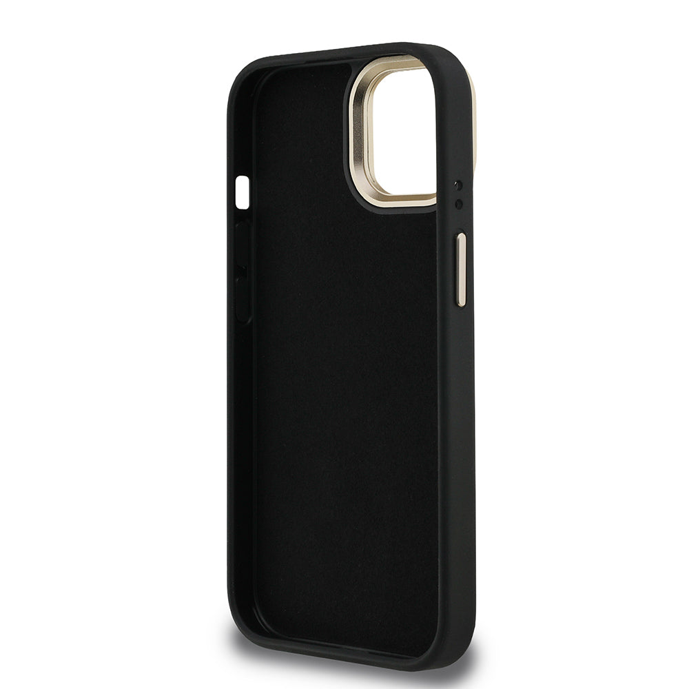 iPhone 15 Kılıf Guess Orjinal Lisanslı PU Deri 4G Desenli Metal Büyük 4G ve Yazı Logolu Kamera Standlı Kılıf