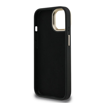 iPhone 15 Kılıf Guess Orjinal Lisanslı PU Deri 4G Desenli Metal Büyük 4G ve Yazı Logolu Kamera Standlı Kılıf