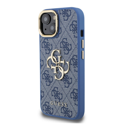 iPhone 15 Kılıf Guess Orjinal Lisanslı PU Deri 4G Desenli Metal Büyük 4G ve Yazı Logolu Kamera Standlı Kılıf