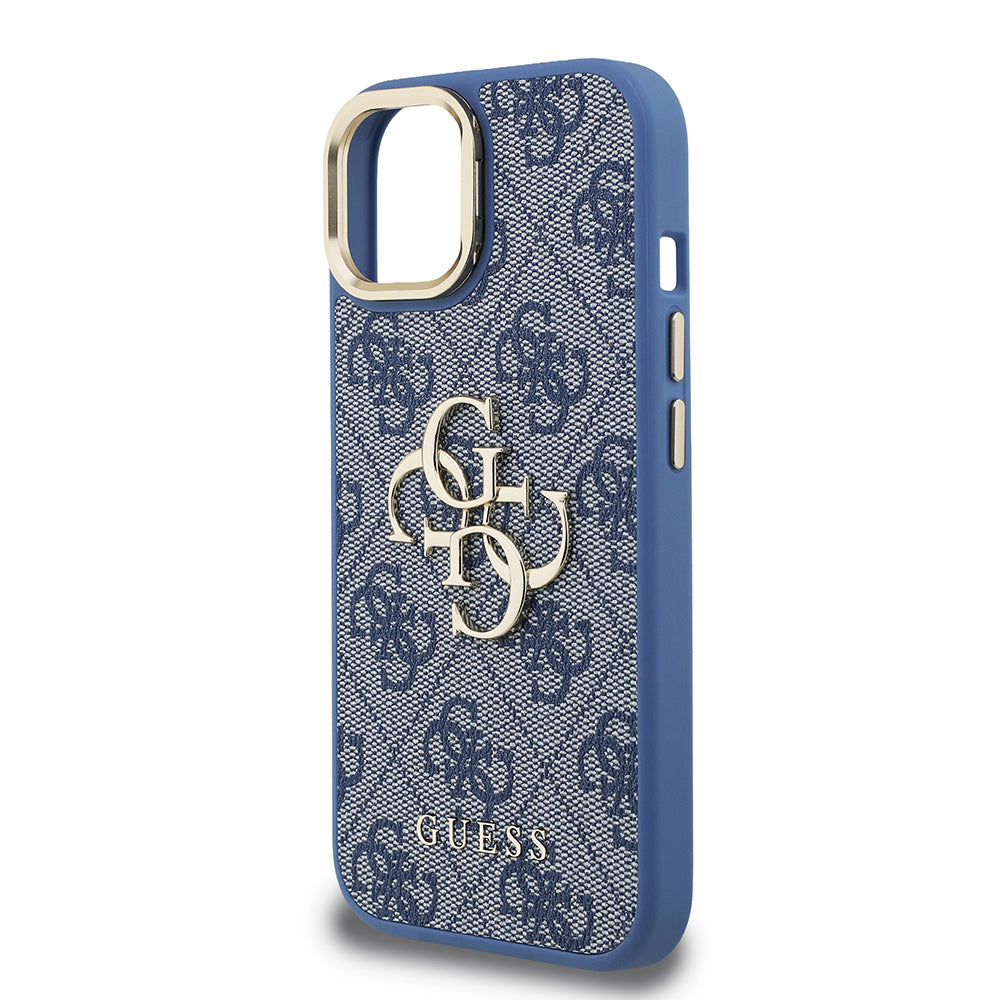 iPhone 15 Kılıf Guess Orjinal Lisanslı PU Deri 4G Desenli Metal Büyük 4G ve Yazı Logolu Kamera Standlı Kılıf