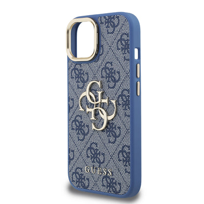 iPhone 15 Kılıf Guess Orjinal Lisanslı PU Deri 4G Desenli Metal Büyük 4G ve Yazı Logolu Kamera Standlı Kılıf