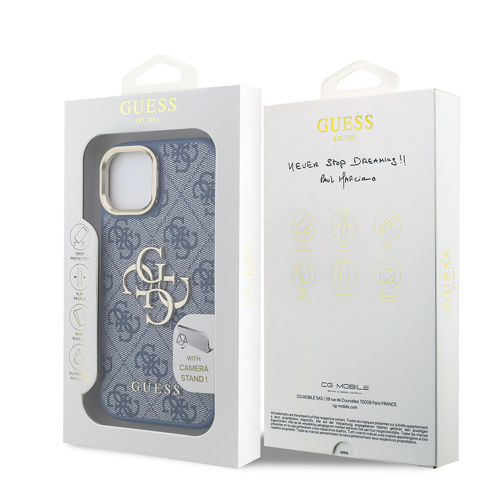 iPhone 15 Kılıf Guess Orjinal Lisanslı PU Deri 4G Desenli Metal Büyük 4G ve Yazı Logolu Kamera Standlı Kılıf