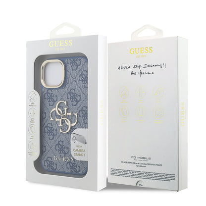 iPhone 15 Kılıf Guess Orjinal Lisanslı PU Deri 4G Desenli Metal Büyük 4G ve Yazı Logolu Kamera Standlı Kılıf