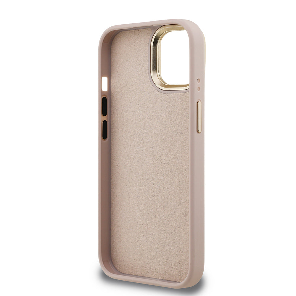 iPhone 15 Kılıf Guess Orjinal Lisanslı PU Deri 4G Desenli Metal Büyük 4G ve Yazı Logolu Kamera Standlı Kılıf