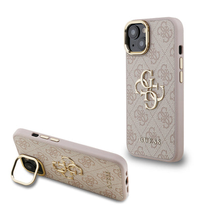 iPhone 15 Kılıf Guess Orjinal Lisanslı PU Deri 4G Desenli Metal Büyük 4G ve Yazı Logolu Kamera Standlı Kılıf