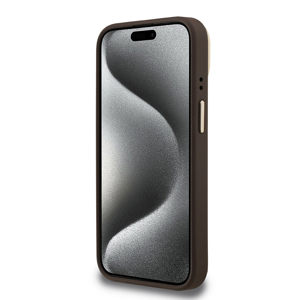 iPhone 15 Kılıf Guess Orjinal Lisanslı PU Deri 4G Desenli Metal Büyük 4G ve Yazı Logolu Kamera Standlı Kılıf