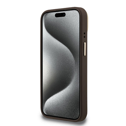 iPhone 15 Kılıf Guess Orjinal Lisanslı PU Deri 4G Desenli Metal Büyük 4G ve Yazı Logolu Kamera Standlı Kılıf