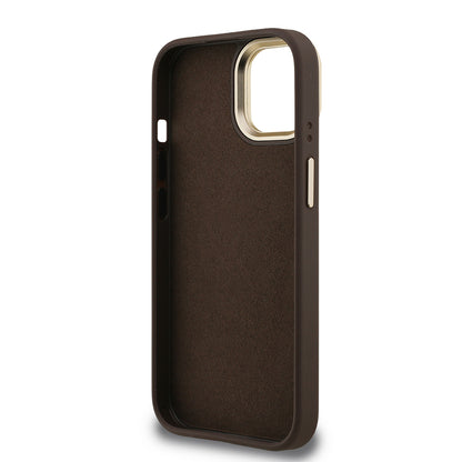 iPhone 15 Kılıf Guess Orjinal Lisanslı PU Deri 4G Desenli Metal Büyük 4G ve Yazı Logolu Kamera Standlı Kılıf