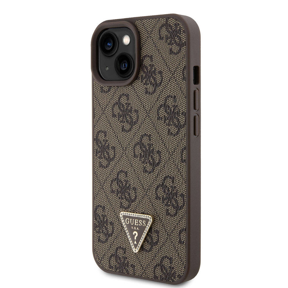 iPhone 15 Kılıf Guess Orjinal Lisanslı PU Deri Askılı Taşlı Üçgen Logo 4G Desenli Strass Crossbody Kılıf