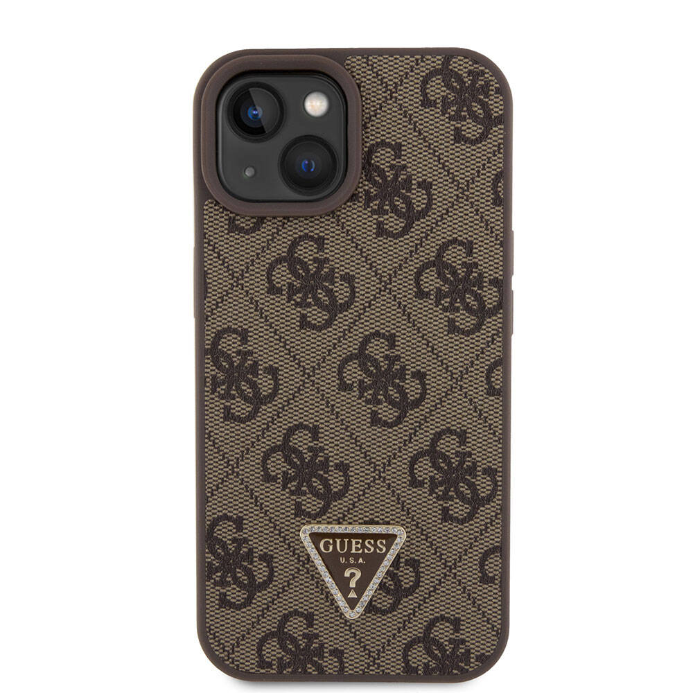 iPhone 15 Kılıf Guess Orjinal Lisanslı PU Deri Askılı Taşlı Üçgen Logo 4G Desenli Strass Crossbody Kılıf