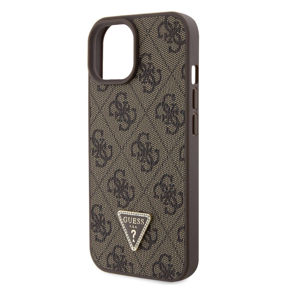 iPhone 15 Kılıf Guess Orjinal Lisanslı PU Deri Askılı Taşlı Üçgen Logo 4G Desenli Strass Crossbody Kılıf