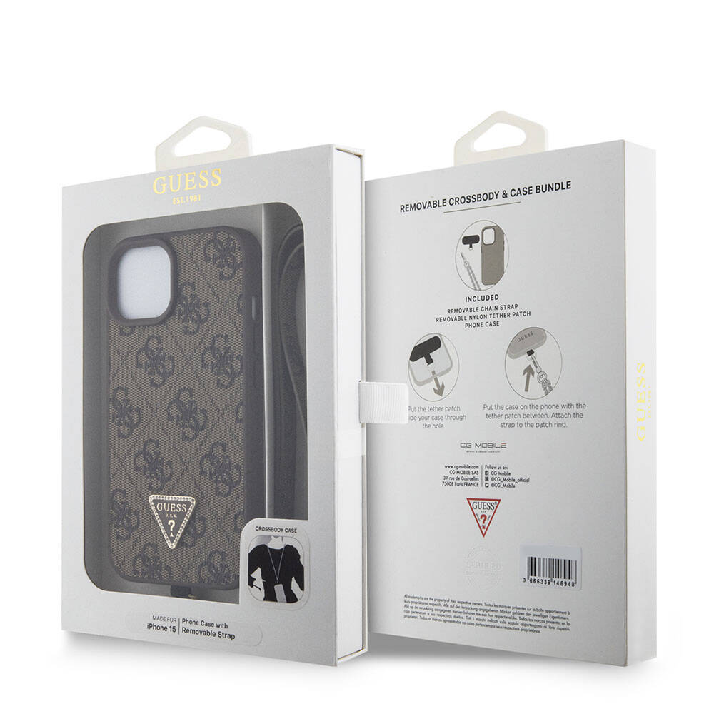 iPhone 15 Kılıf Guess Orjinal Lisanslı PU Deri Askılı Taşlı Üçgen Logo 4G Desenli Strass Crossbody Kılıf