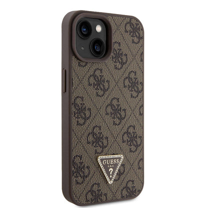 iPhone 15 Kılıf Guess Orjinal Lisanslı PU Deri Askılı Taşlı Üçgen Logo 4G Desenli Strass Crossbody Kılıf