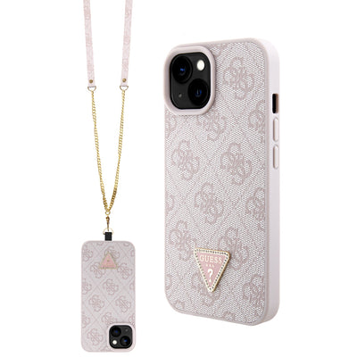 Apple iPhone 15 Kılıf Guess Orjinal Lisanslı PU Deri Taşlı Metal Üçgen Logolu Çapraz Vücut Askılı 4G Desenli Kapak Pembe