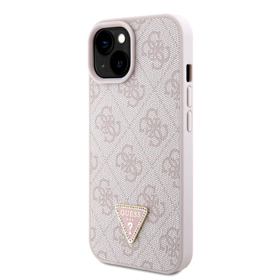 Apple iPhone 15 Kılıf Guess Orjinal Lisanslı PU Deri Taşlı Metal Üçgen Logolu Çapraz Vücut Askılı 4G Desenli Kapak Pembe