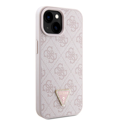 Apple iPhone 15 Kılıf Guess Orjinal Lisanslı PU Deri Taşlı Metal Üçgen Logolu Çapraz Vücut Askılı 4G Desenli Kapak Pembe