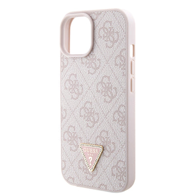 Apple iPhone 15 Kılıf Guess Orjinal Lisanslı PU Deri Taşlı Metal Üçgen Logolu Çapraz Vücut Askılı 4G Desenli Kapak Pembe
