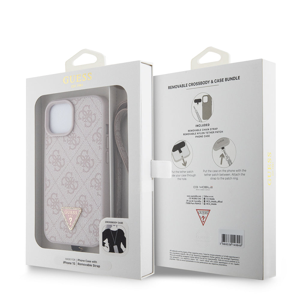 iPhone 15 Kılıf Guess Orjinal Lisanslı PU Deri Taşlı Metal Üçgen Logolu Çapraz Vücut Askılı 4G Desenli Kılıf