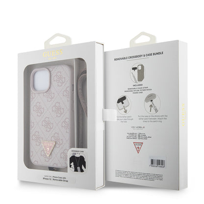 iPhone 15 Kılıf Guess Orjinal Lisanslı PU Deri Taşlı Metal Üçgen Logolu Çapraz Vücut Askılı 4G Desenli Kılıf