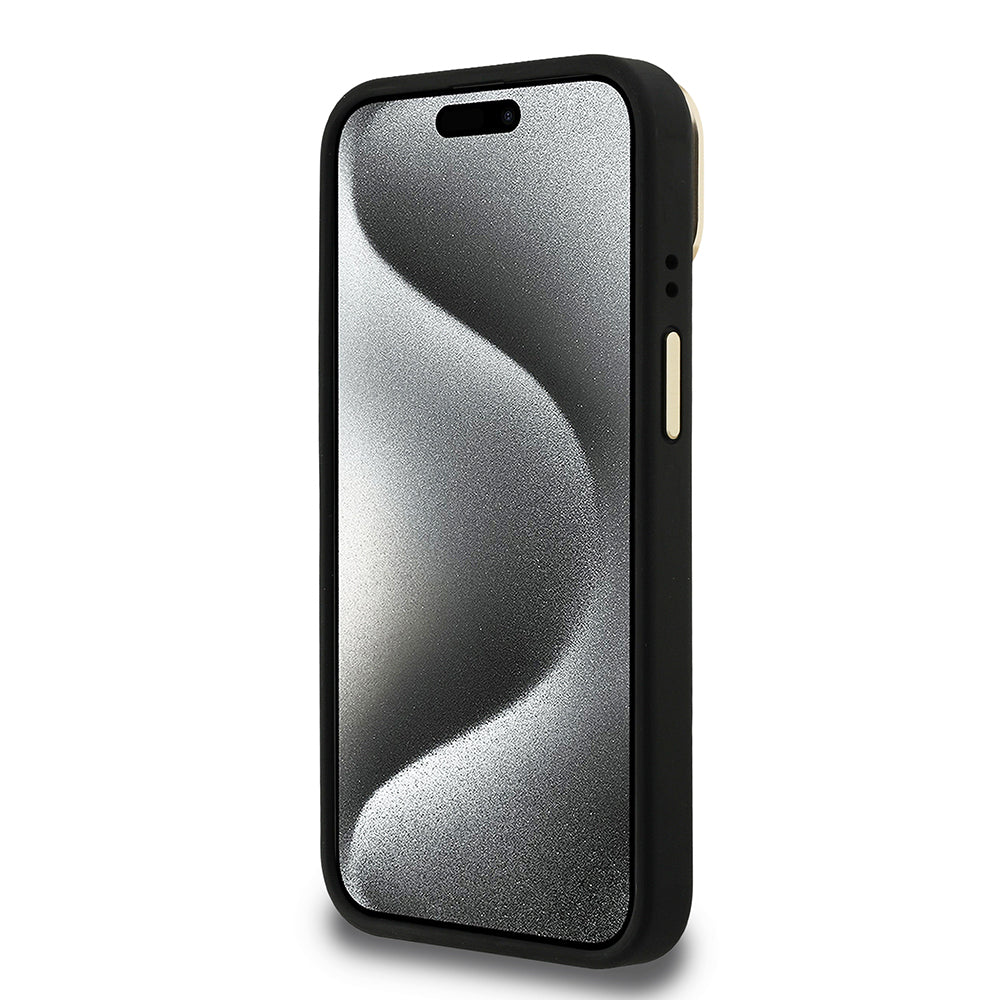 iPhone 15 Kılıf Guess Orjinal Lisanslı PU Deri Taşlı Üçgen Logo 4G Desenli Kamera Standlı Kılıf