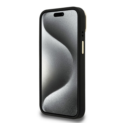 iPhone 15 Kılıf Guess Orjinal Lisanslı PU Deri Taşlı Üçgen Logo 4G Desenli Kamera Standlı Kılıf