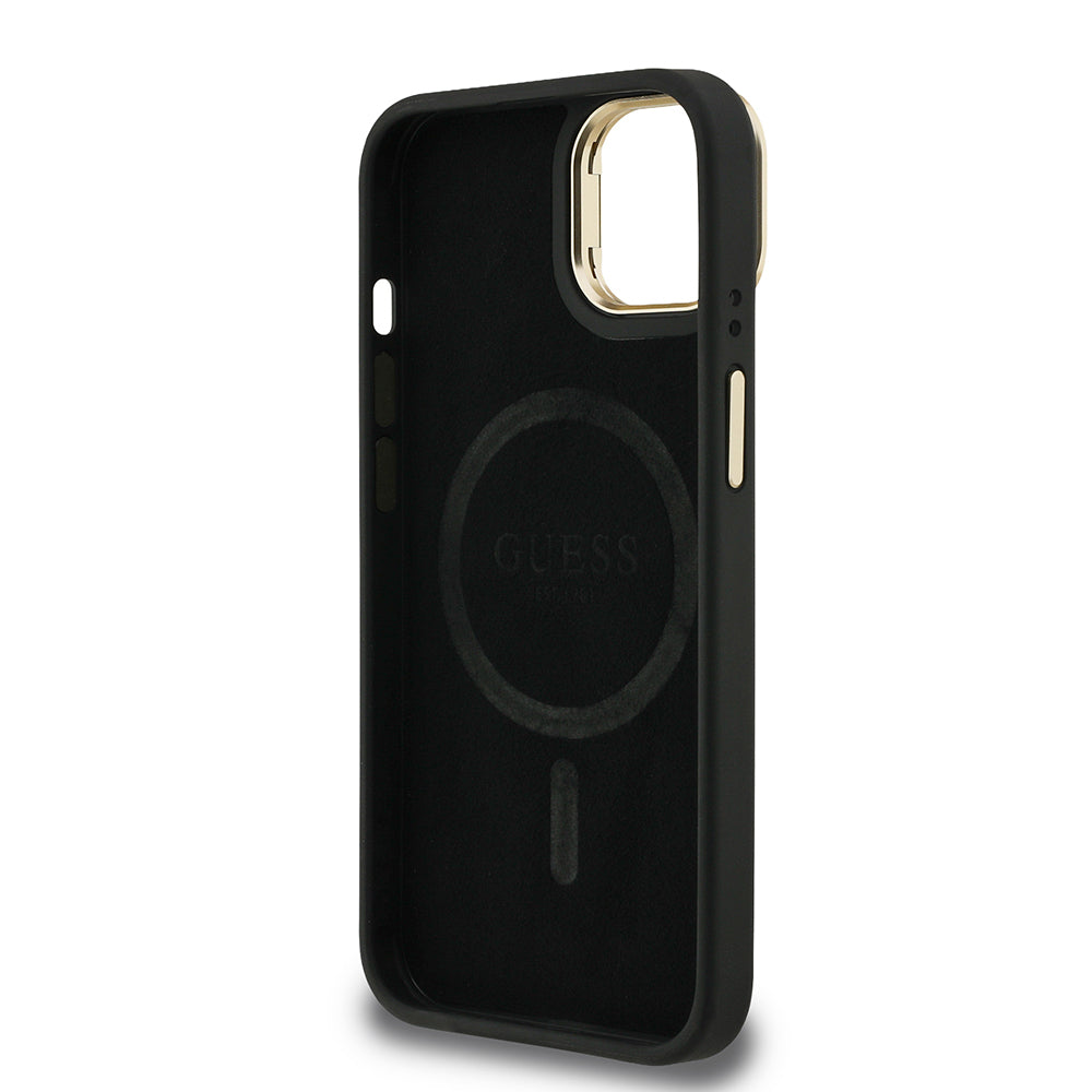 iPhone 15 Kılıf Guess Orjinal Lisanslı PU Deri Taşlı Üçgen Logo 4G Desenli Kamera Standlı Kılıf