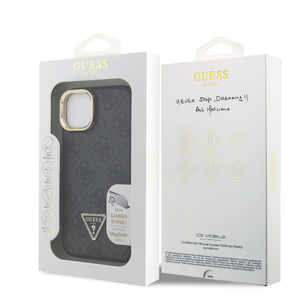 iPhone 15 Kılıf Guess Orjinal Lisanslı PU Deri Taşlı Üçgen Logo 4G Desenli Kamera Standlı Kılıf