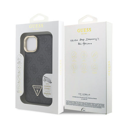 iPhone 15 Kılıf Guess Orjinal Lisanslı PU Deri Taşlı Üçgen Logo 4G Desenli Kamera Standlı Kılıf