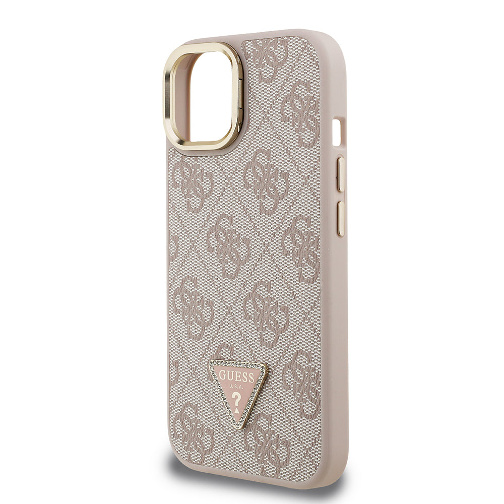 iPhone 15 Kılıf Guess Orjinal Lisanslı PU Deri Taşlı Üçgen Logo 4G Desenli Kamera Standlı Kılıf