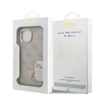 iPhone 15 Kılıf Guess Orjinal Lisanslı PU Deri Taşlı Üçgen Logo 4G Desenli Kamera Standlı Kılıf