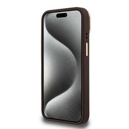 iPhone 15 Kılıf Guess Orjinal Lisanslı PU Deri Taşlı Üçgen Logo 4G Desenli Kamera Standlı Kılıf