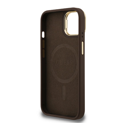 iPhone 15 Kılıf Guess Orjinal Lisanslı PU Deri Taşlı Üçgen Logo 4G Desenli Kamera Standlı Kılıf