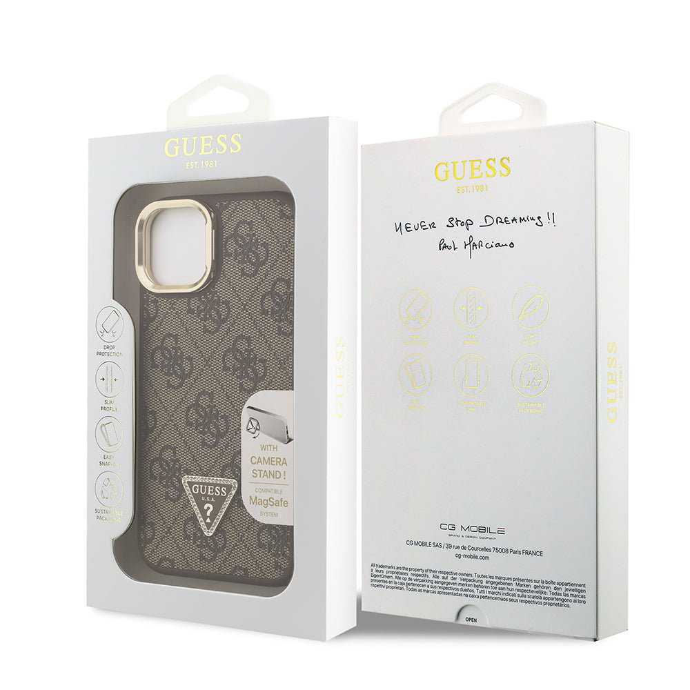 iPhone 15 Kılıf Guess Orjinal Lisanslı PU Deri Taşlı Üçgen Logo 4G Desenli Kamera Standlı Kılıf