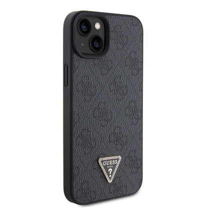 iPhone 15 Kılıf Guess Orjinal Lisanslı PU Deri Taşlı Üçgen Logo 4G Desenli Strass Kılıf