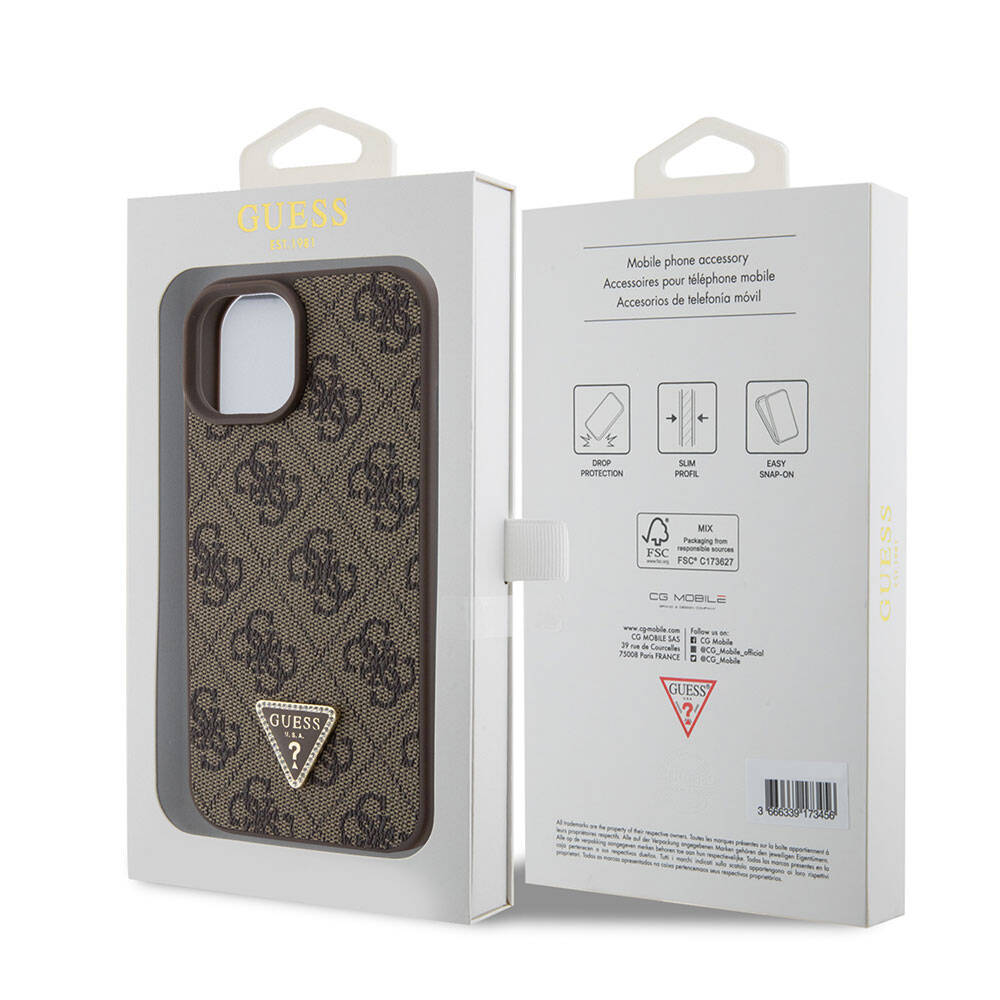 iPhone 15 Kılıf Guess Orjinal Lisanslı PU Deri Taşlı Üçgen Logo 4G Desenli Strass Kılıf