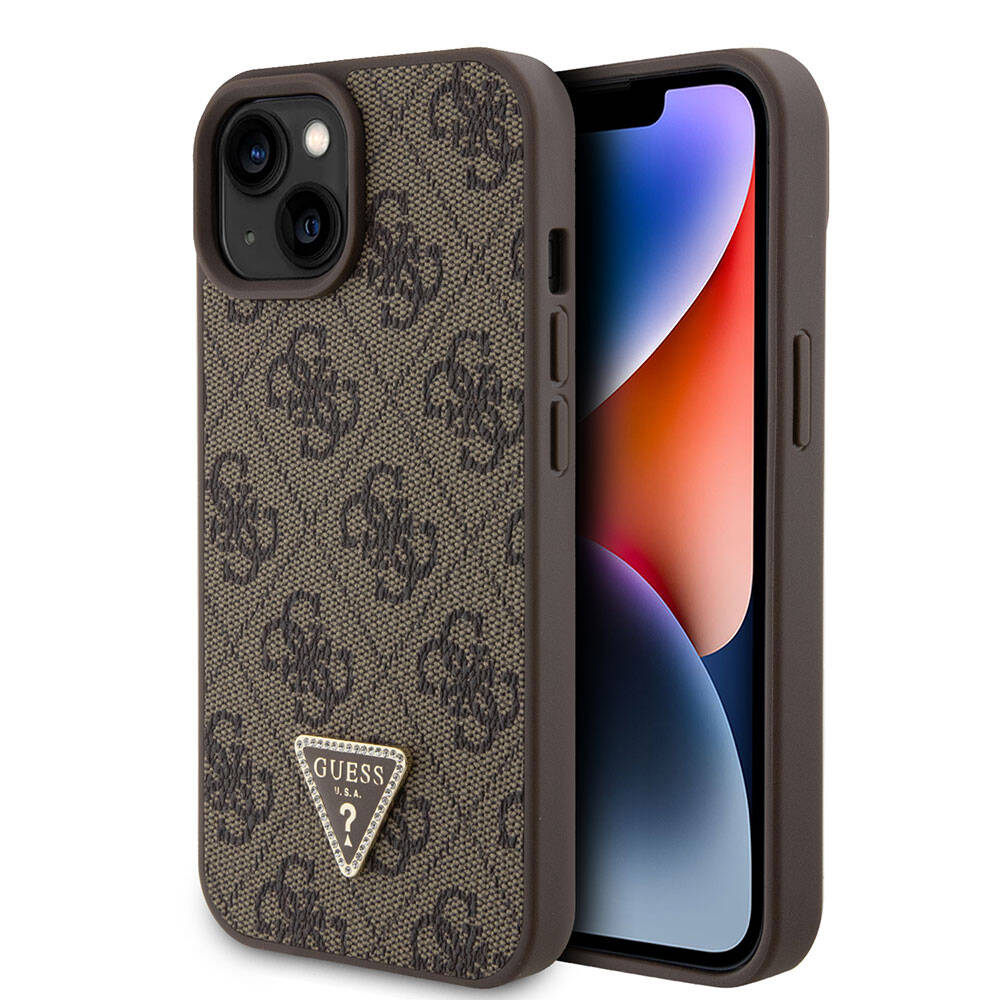 iPhone 15 Kılıf Guess Orjinal Lisanslı PU Deri Taşlı Üçgen Logo 4G Desenli Strass Kılıf