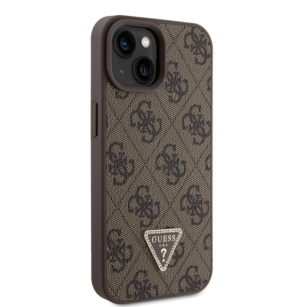 iPhone 15 Kılıf Guess Orjinal Lisanslı PU Deri Taşlı Üçgen Logo 4G Desenli Strass Kılıf