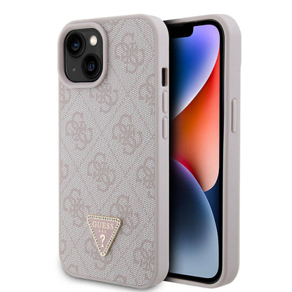 iPhone 15 Kılıf Guess Orjinal Lisanslı PU Deri Taşlı Üçgen Logo 4G Desenli Strass Kılıf