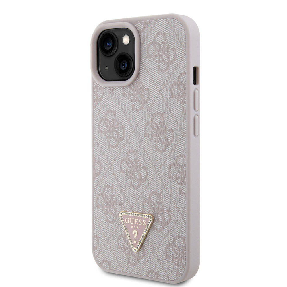 iPhone 15 Kılıf Guess Orjinal Lisanslı PU Deri Taşlı Üçgen Logo 4G Desenli Strass Kılıf
