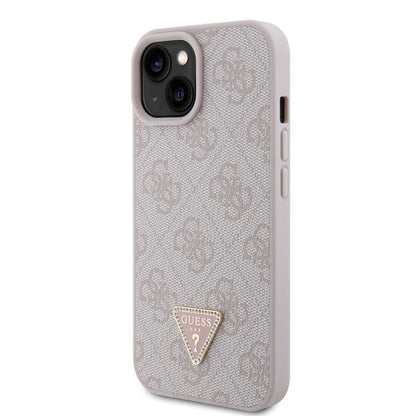 iPhone 15 Kılıf Guess Orjinal Lisanslı PU Deri Taşlı Üçgen Logo 4G Desenli Strass Kılıf
