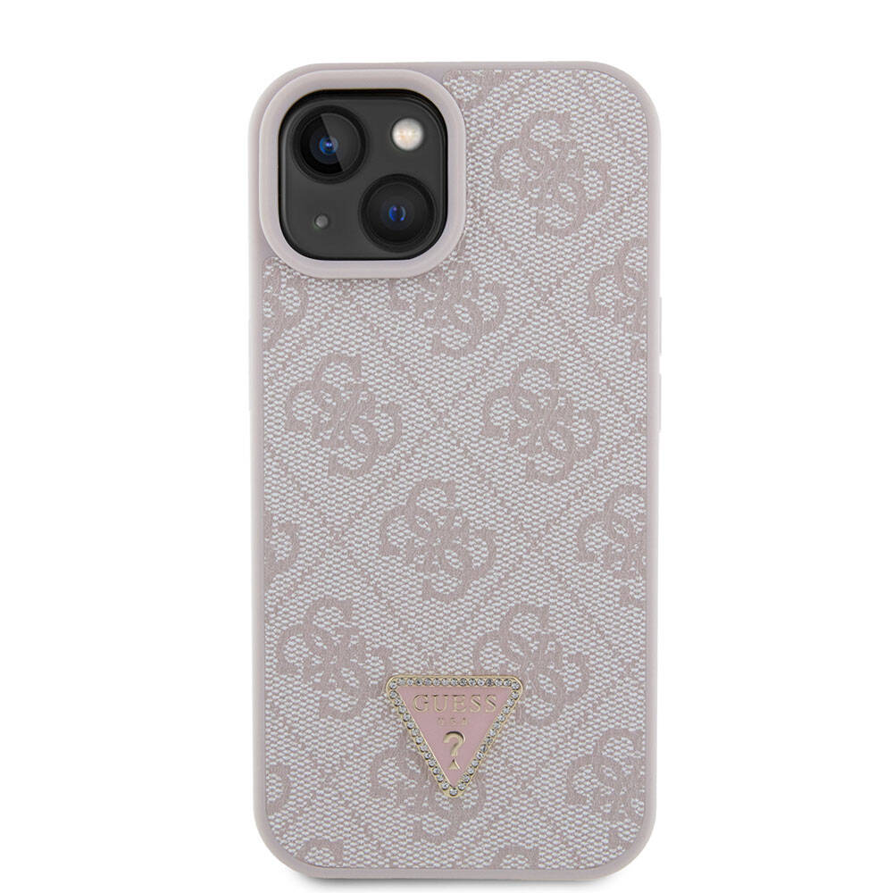 iPhone 15 Kılıf Guess Orjinal Lisanslı PU Deri Taşlı Üçgen Logo 4G Desenli Strass Kılıf