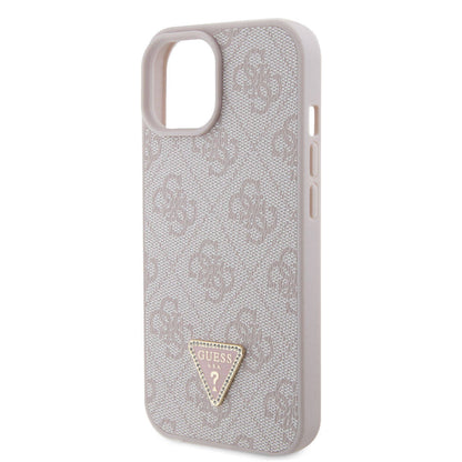 iPhone 15 Kılıf Guess Orjinal Lisanslı PU Deri Taşlı Üçgen Logo 4G Desenli Strass Kılıf