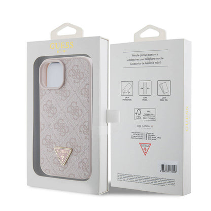 iPhone 15 Kılıf Guess Orjinal Lisanslı PU Deri Taşlı Üçgen Logo 4G Desenli Strass Kılıf