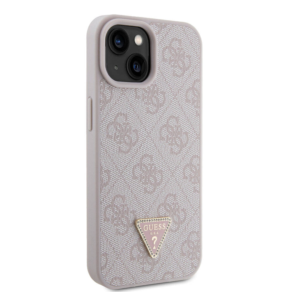 iPhone 15 Kılıf Guess Orjinal Lisanslı PU Deri Taşlı Üçgen Logo 4G Desenli Strass Kılıf