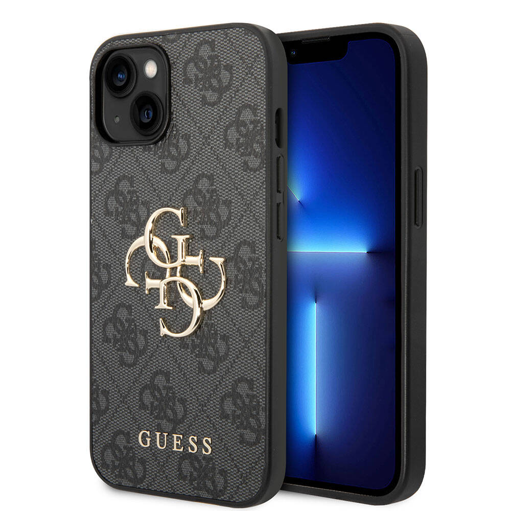 iPhone 15 Kılıf Guess Orjinal Lisanslı PU Deri Yazı ve 4G Metal Logolu Desenli Kılıf