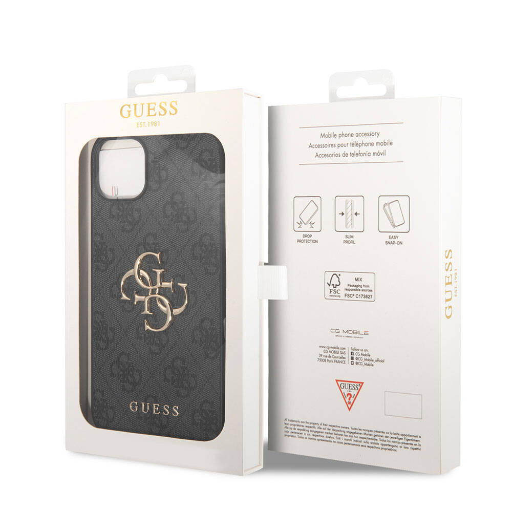 iPhone 15 Kılıf Guess Orjinal Lisanslı PU Deri Yazı ve 4G Metal Logolu Desenli Kılıf