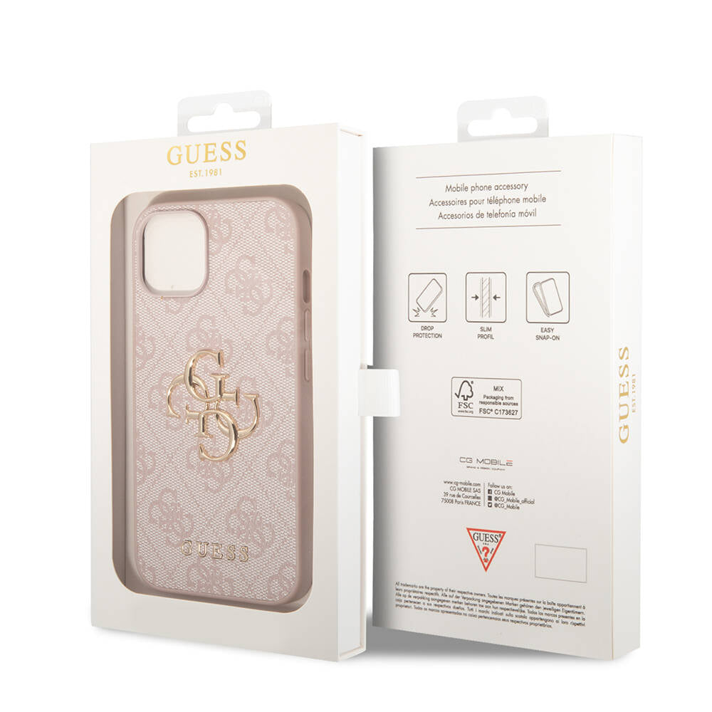 iPhone 15 Kılıf Guess Orjinal Lisanslı PU Deri Yazı ve 4G Metal Logolu Desenli Kılıf