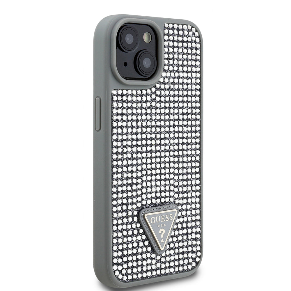 iPhone 15 Kılıf Guess Orjinal Lisanslı Taşlı Arka Yüzey Üçgen Logolu Kılıf